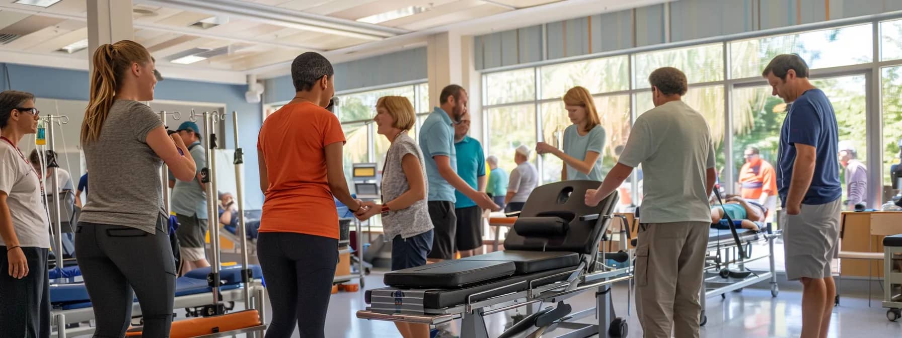 a diverse group of patients in a physical therapy clinic, each receiving customized treatment and attention that caters to their individual needs.