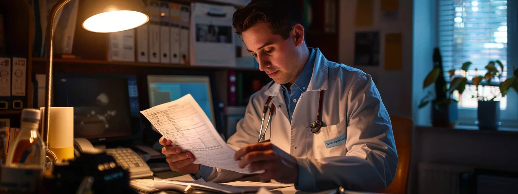 a physiotherapy clinic owner carefully checking a detailed spreadsheet, strategically allocating funds for facebook advertising to enhance their patient base.