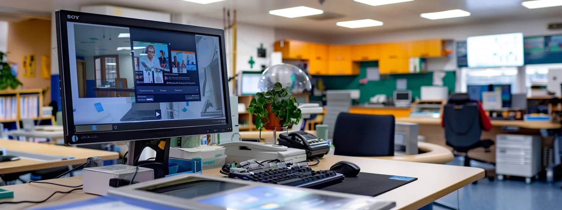 a bustling physiotherapy clinic with a vibrant facebook ad displayed on a computer screen, attracting a stream of eager potential patients.