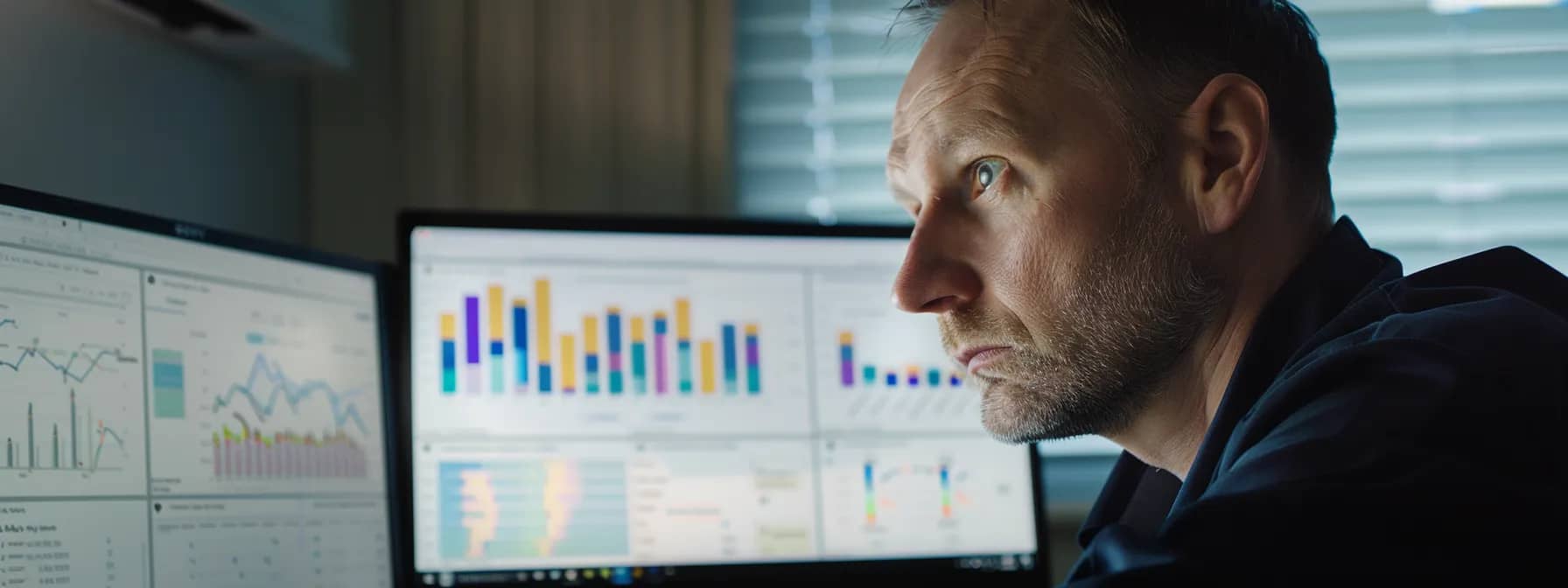 a physio clinic manager closely examining detailed facebook analytics charts on a laptop screen, surrounded by graphs and data reports, with a look of focus and determination.